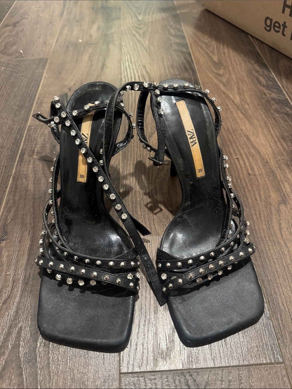 Zara Black Studded Strappy Mid-Heel Sandals